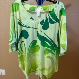 Hawaiian Light Green Floral Print V-Neck Women's Top Size L